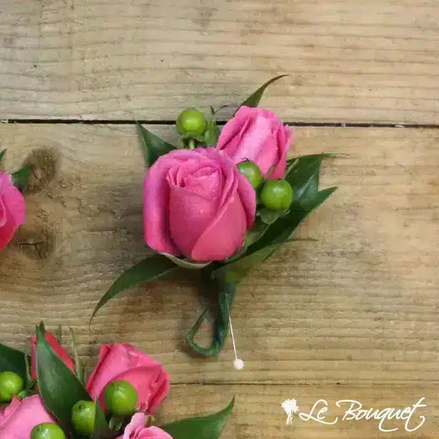 Spray Rose Boutonniere (Deluxe, Fuchsia, Hypericum)