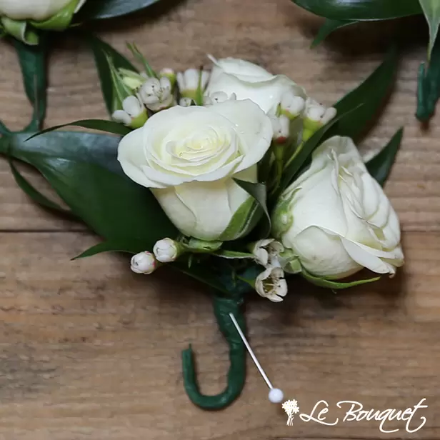 Spray Rose Boutonniere (Deluxe, White, Waxflower)