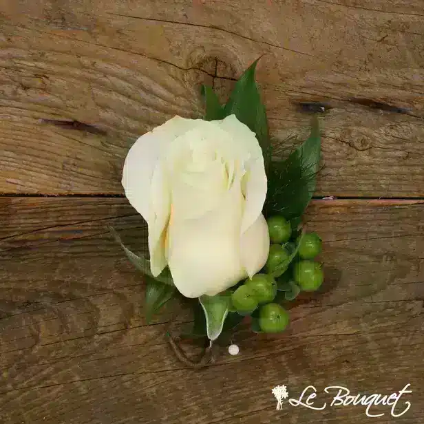 Rose Boutonniere Collection (Deluxe, White, Hypericum)