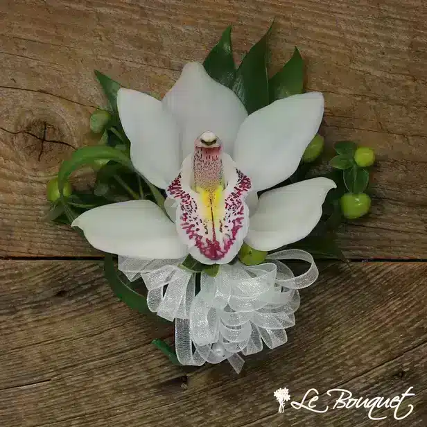 Cymbidium Orchid Corsages (Deluxe, White, Hypericum)