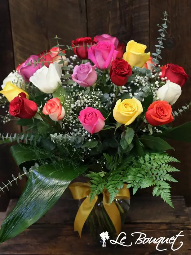 Roses Long Stem Assorted Colour (24 roses, Arranged bouquet in vase, With greenery and floral accents)