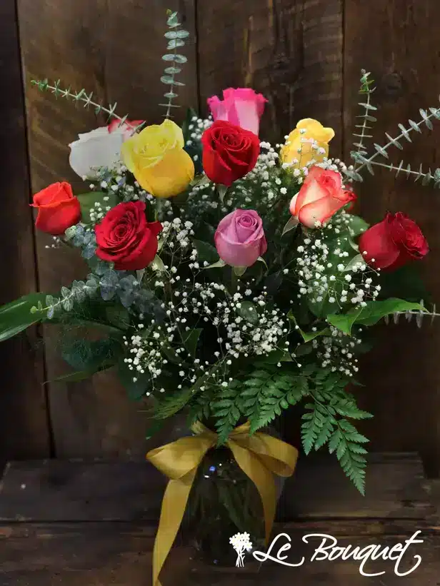 Roses Long Stem Assorted Colour (12 roses, Arranged bouquet in vase, With greenery and floral accents)