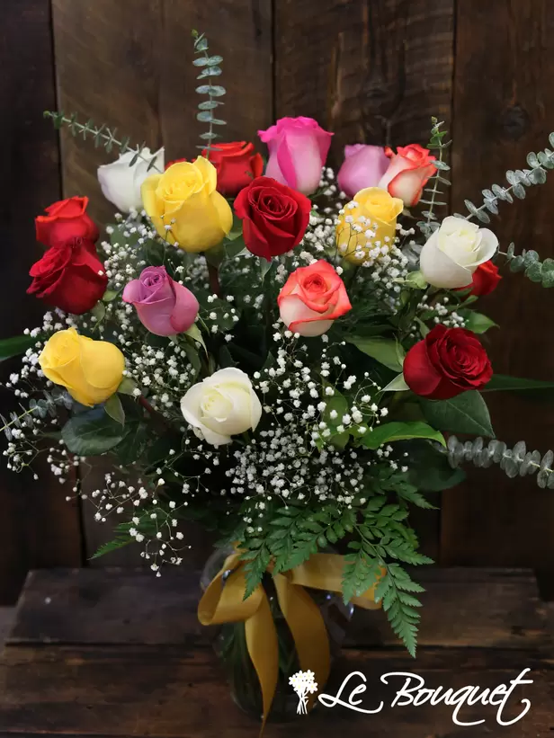 Roses Long Stem Assorted Colour (18 roses, Arranged bouquet in vase, With greenery and floral accents)
