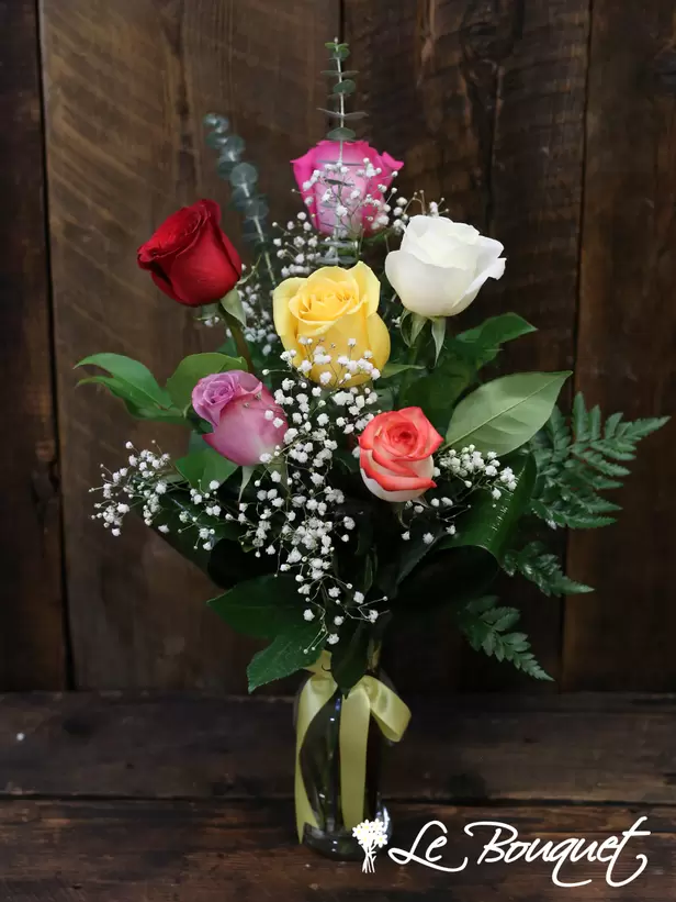 Roses Long Stem Assorted Colour (6 roses, Arranged bouquet in vase, With greenery and floral accents)