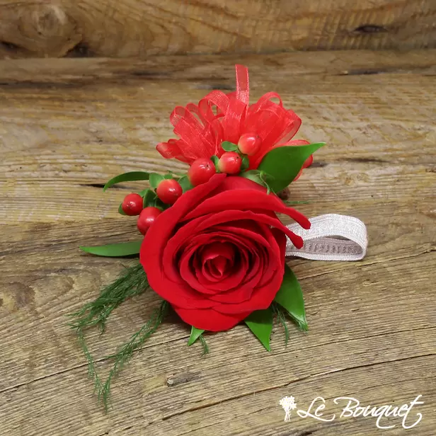 Rose Wrist Corsage (Deluxe, Red, Hypericum)