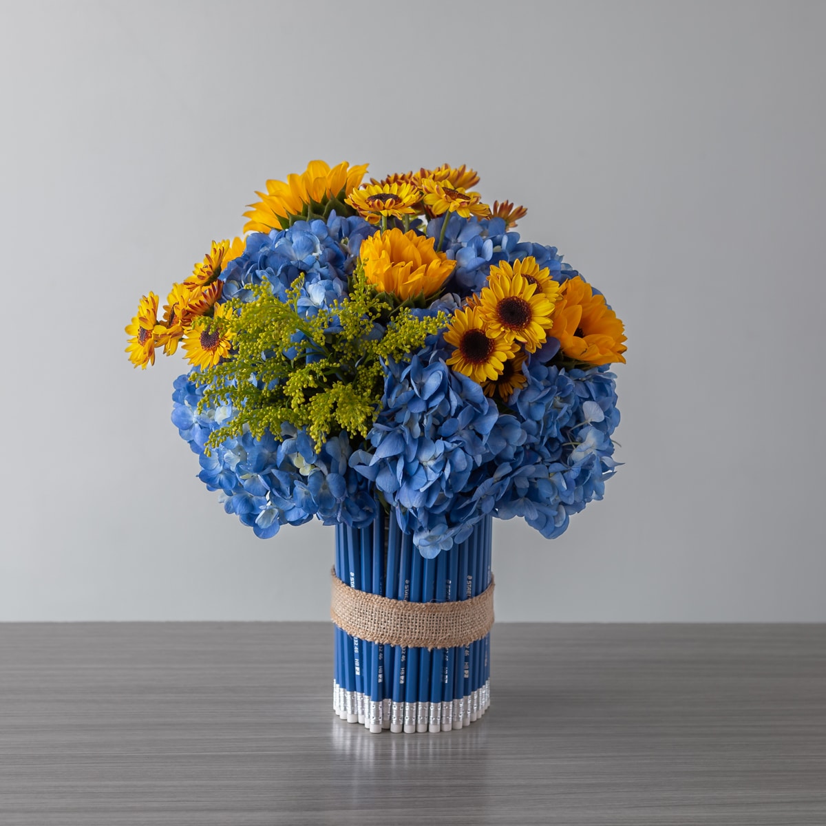 Hydrangea and Sunflowers nack to school arrangement