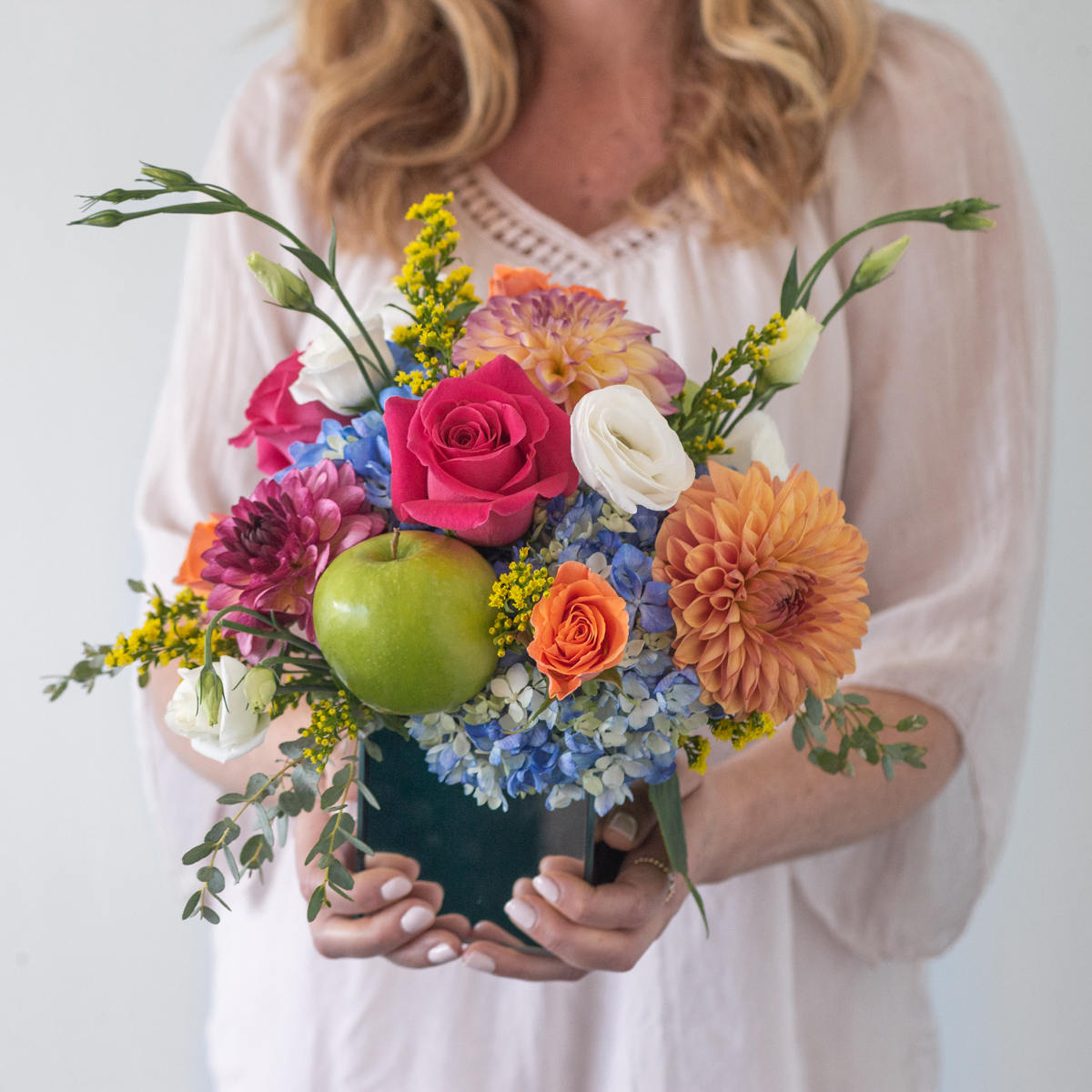 Dahlia Arrangement, fuschia roses, green apple