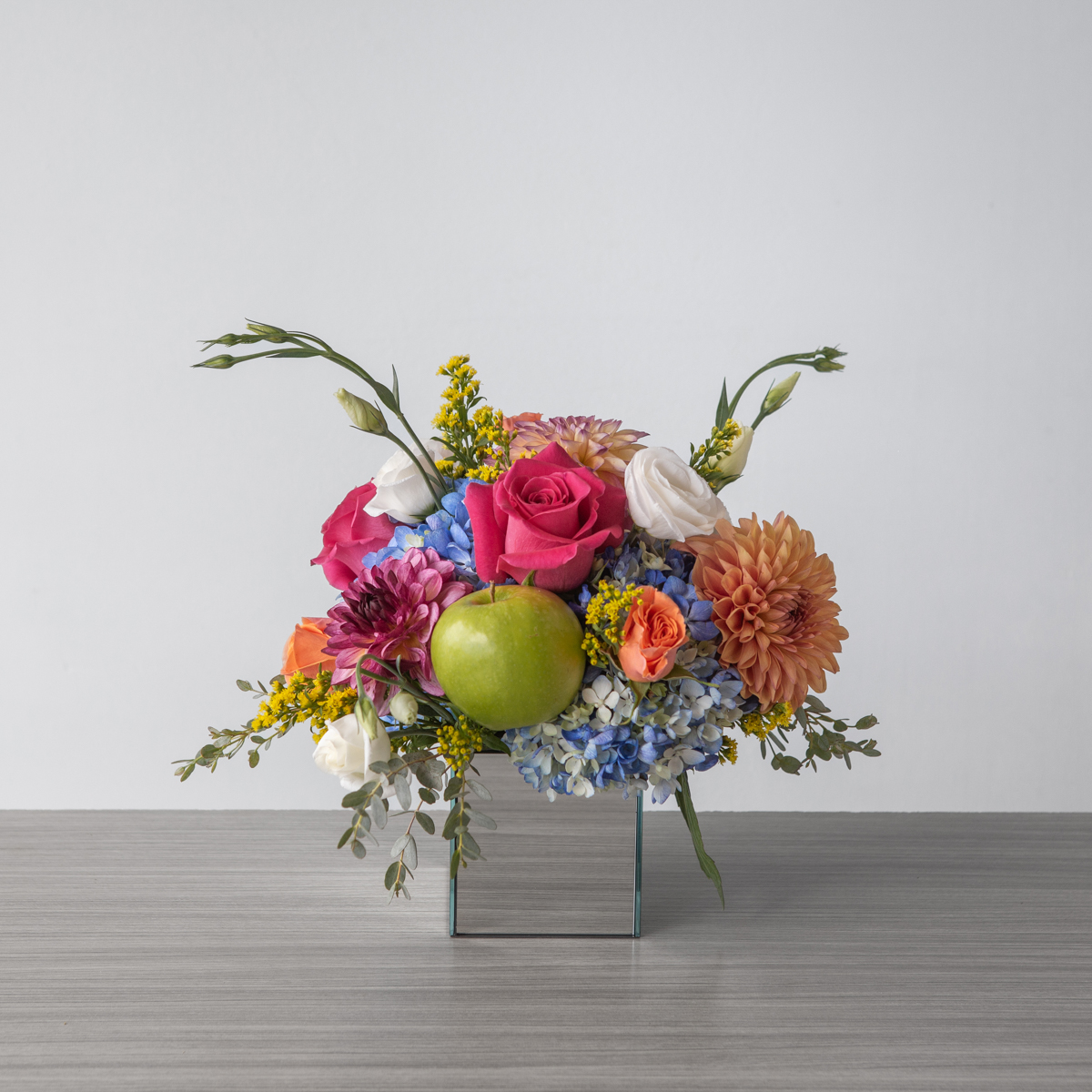 Dahlia Arrangement, fuschia roses, green apple