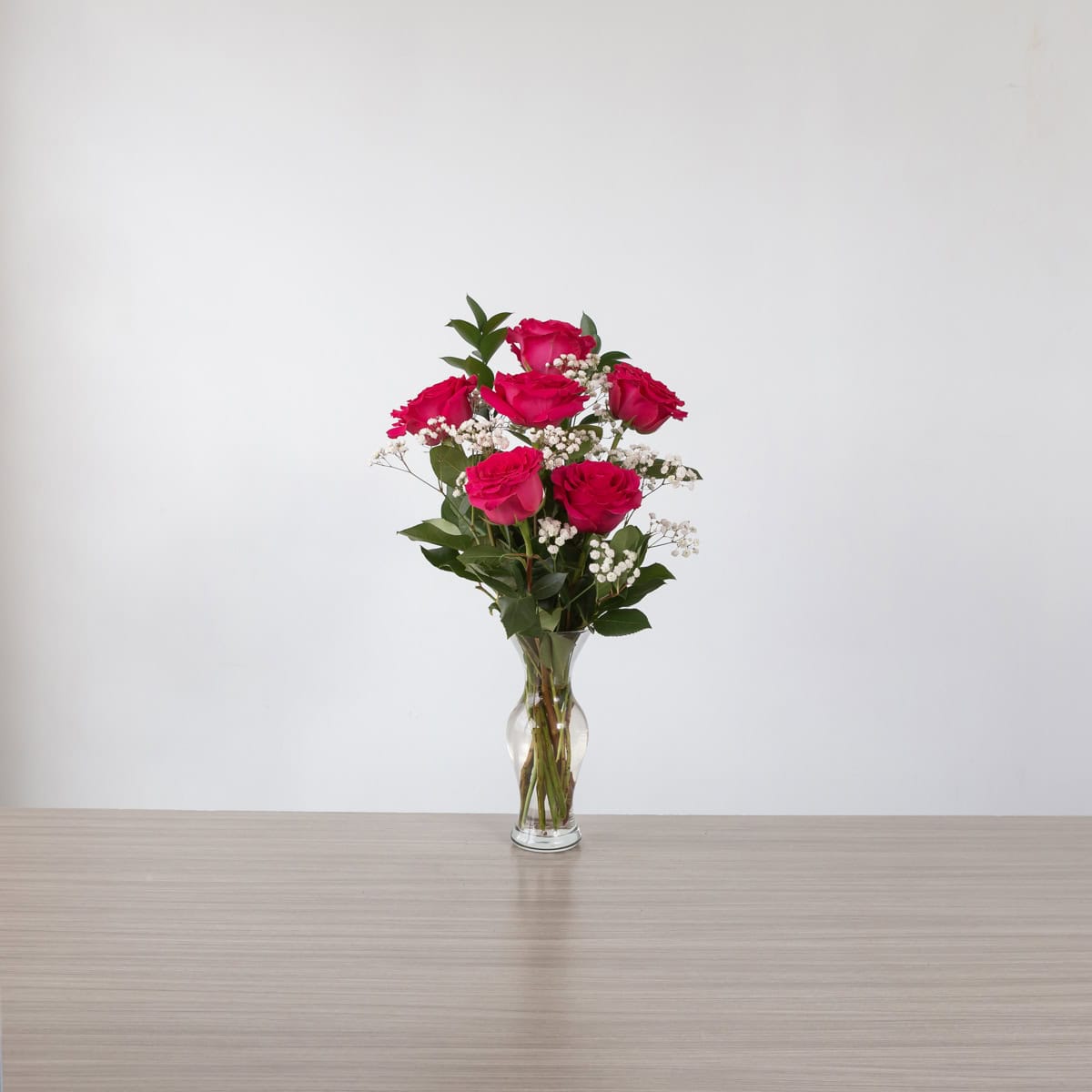 Full Monty Roses (6 roses, Arranged bouquet in vase, With greenery and floral accents)