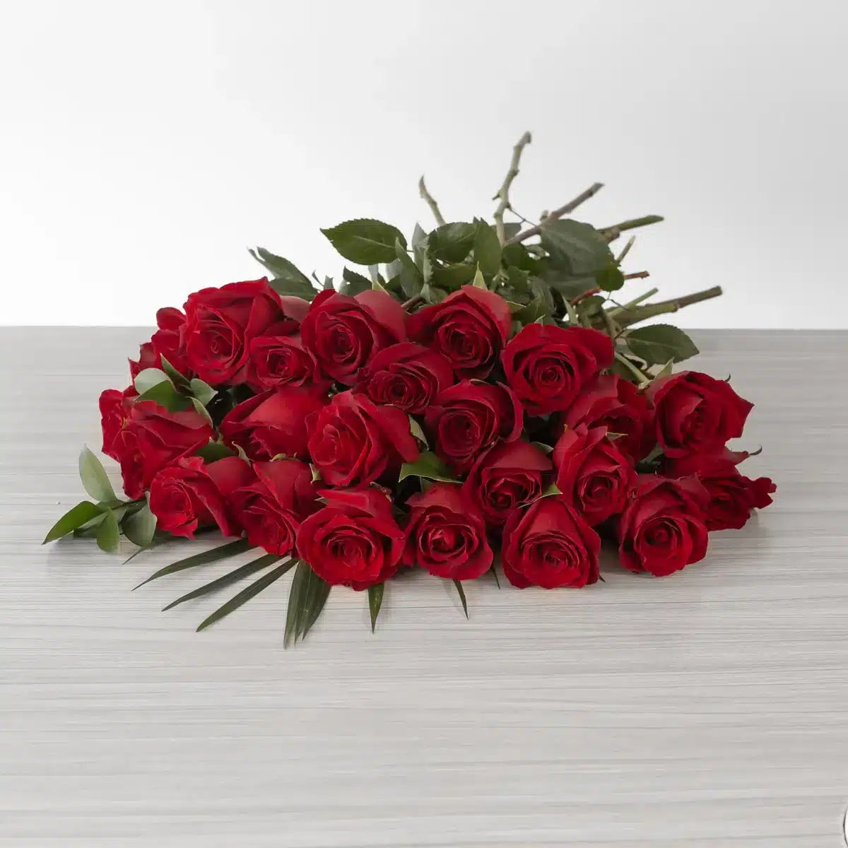 Explorer Roses (24 roses, Arranged cut bouquet, With greenery)
