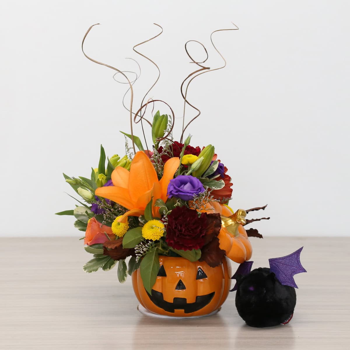 Jack and Friends Halloween Flower Arrangement | Pumpkin Vase with Cat or Bat Plush