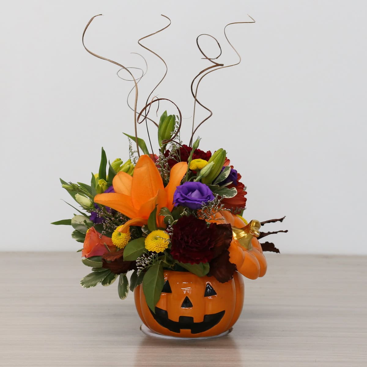 Jack and Friends Halloween Flower Arrangement | Pumpkin Vase with Cat or Bat Plush