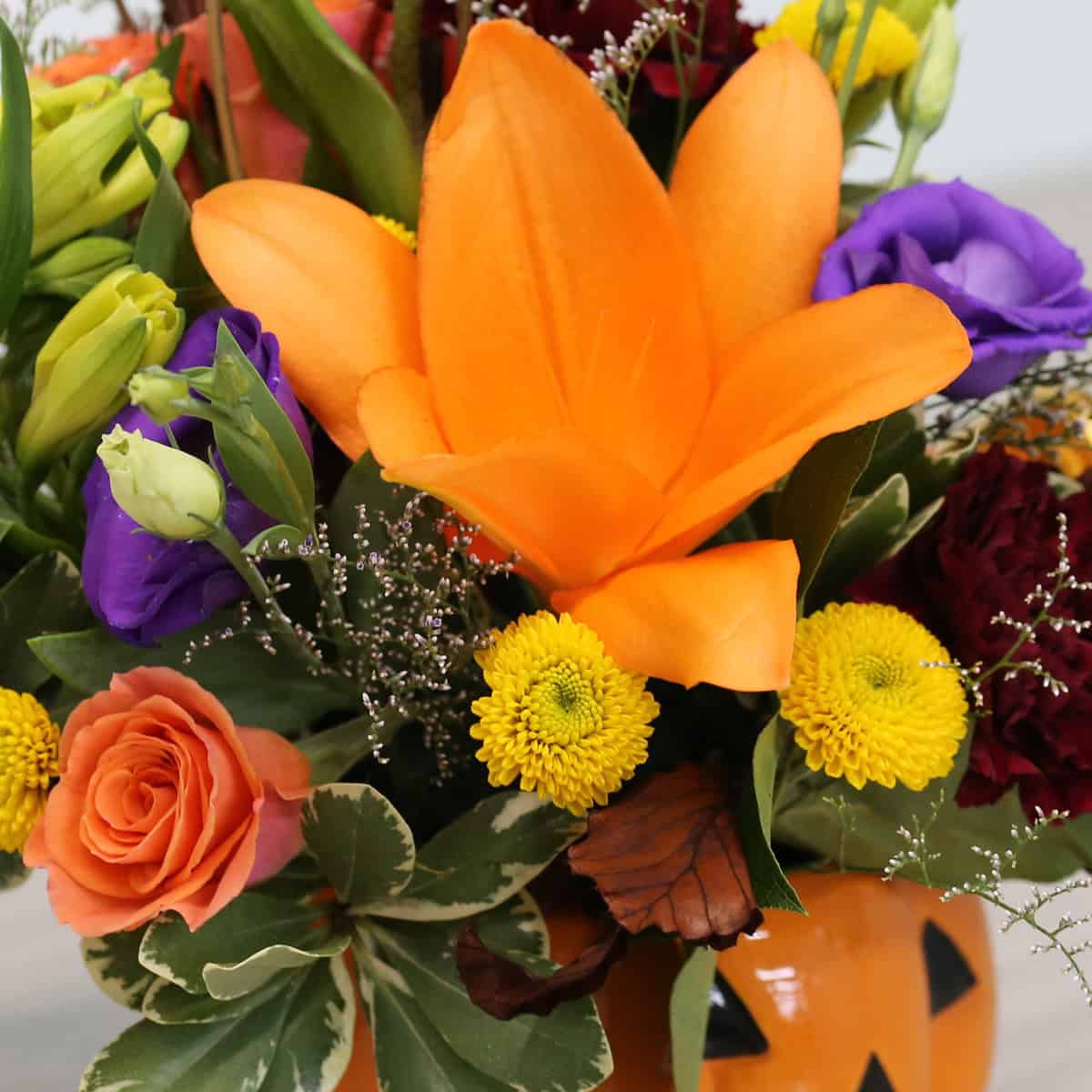 Jack and Friends Halloween Flower Arrangement | Pumpkin Vase with Cat or Bat Plush